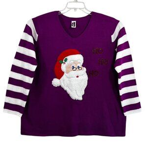 Ugly Santa Christmas Sweater 3X Plus Striped Sleeves Embroidered V-Neck Purple